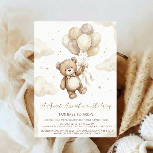 Neutral Teddy Bear Baby Shower bow Green Balloons Invitation