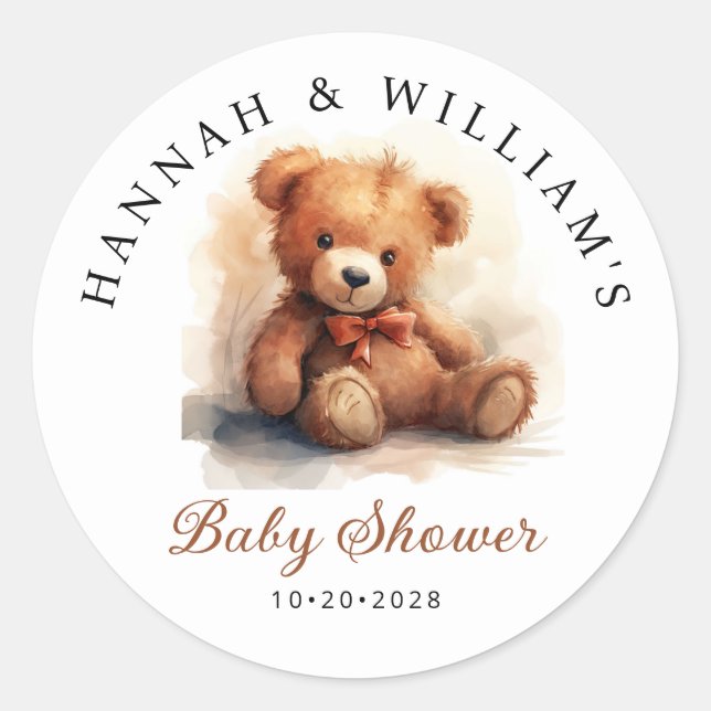 Neutral Teddy Bear Baby Shower Classic Round Sticker (Front)