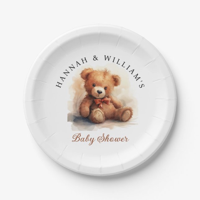 Neutral Teddy Bear Baby Shower Paper Plate (Front)