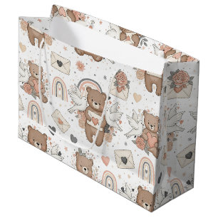 Neutral Teddy Bear Baby Shower Pattern Large Gift Bag