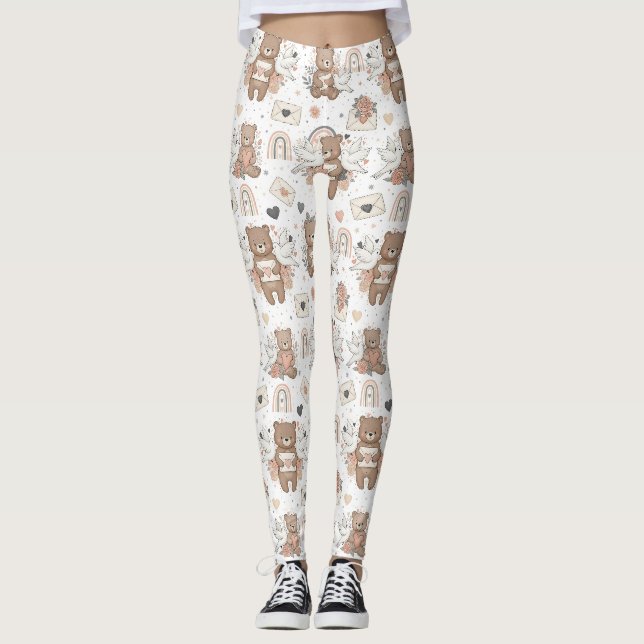 Neutral Teddy Bear Baby Shower Pattern Leggings (Front)
