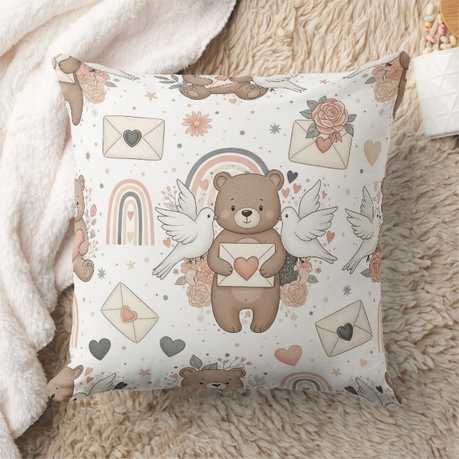 Neutral Teddy Bear Baby Shower Pattern Throw Pillow (Blanket)