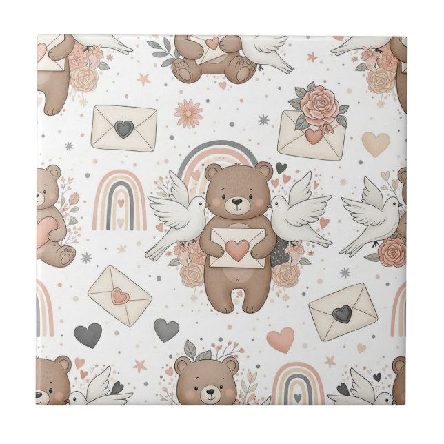 Neutral Teddy Bear Baby Shower Pattern Tile (Front)
