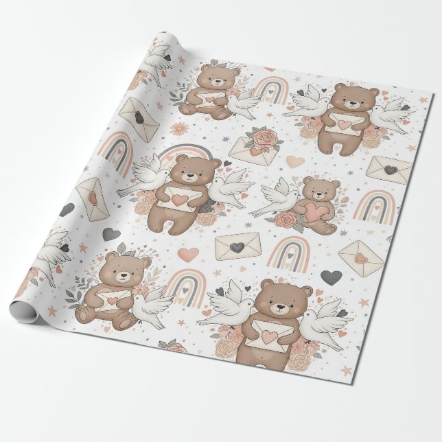 Neutral Teddy Bear Baby Shower Pattern Wrapping Paper (Unrolled)