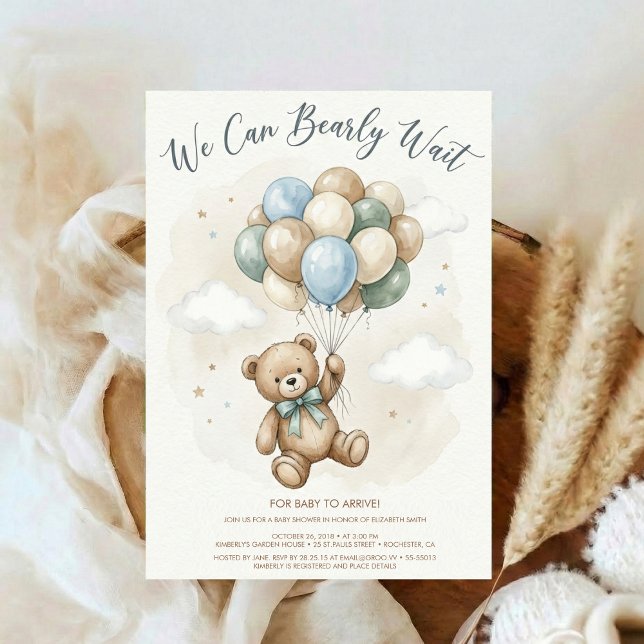 Neutral Teddy Bear Baby Shower Sage Green Balloons Invitation (Creator Uploaded)
