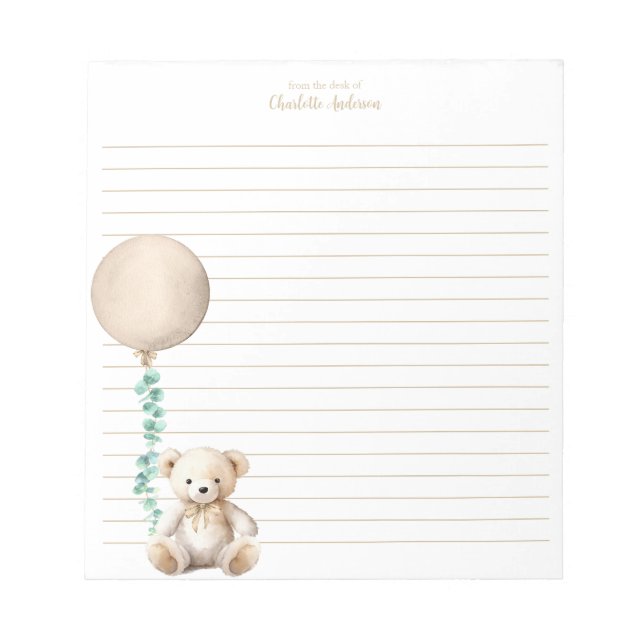 Neutral Teddy Bear Balloon Personalized Notepad (Front)