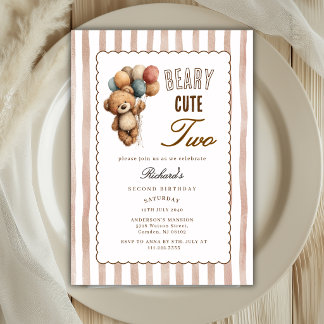 Neutral Teddy Bear Beary Cute Two 2nd Birthday  Invitation