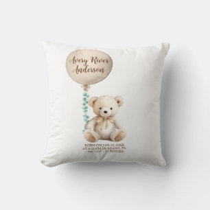 Neutral Teddy Bear Birth Stats Baby Pillow