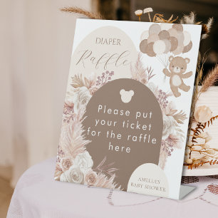Neutral Teddy Bear Diaper Raffle Ticket Box Sign