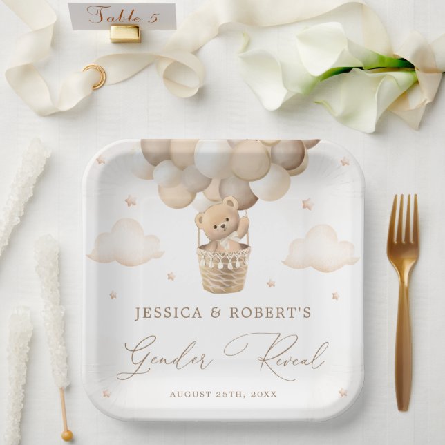 Neutral Teddy Bear Gender Reveal Paper Plate (Wedding)