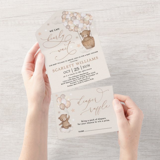 Neutral Teddy Bear Hot Air Balloon Baby Shower All In One Invitation (Tearaway)