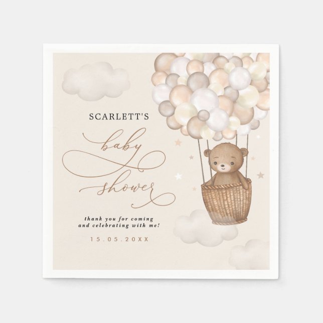Neutral Teddy Bear Hot Air Balloon Baby Shower Napkin (Front)