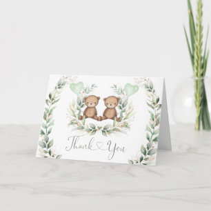 Neutral Teddy Bear Twins Sage Greenery Balloons Card