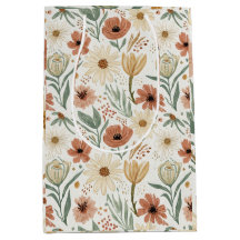 Neutral Terracotta Daisy and Poppy Floral Pattern