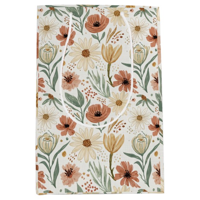 Neutral Terracotta Daisy and Poppy Floral Pattern Medium Gift Bag (Front)