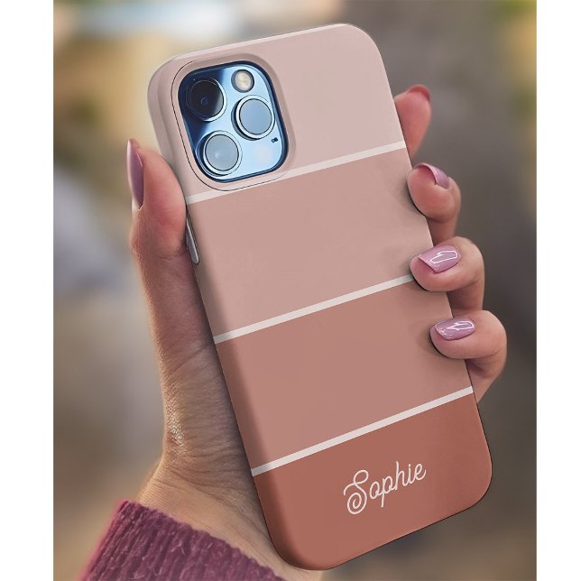 Neutral Terracotta | Ombre Stripes with Script Case-Mate iPhone Case (A trendy striped neutral and terracotta phone case with your family name in script)