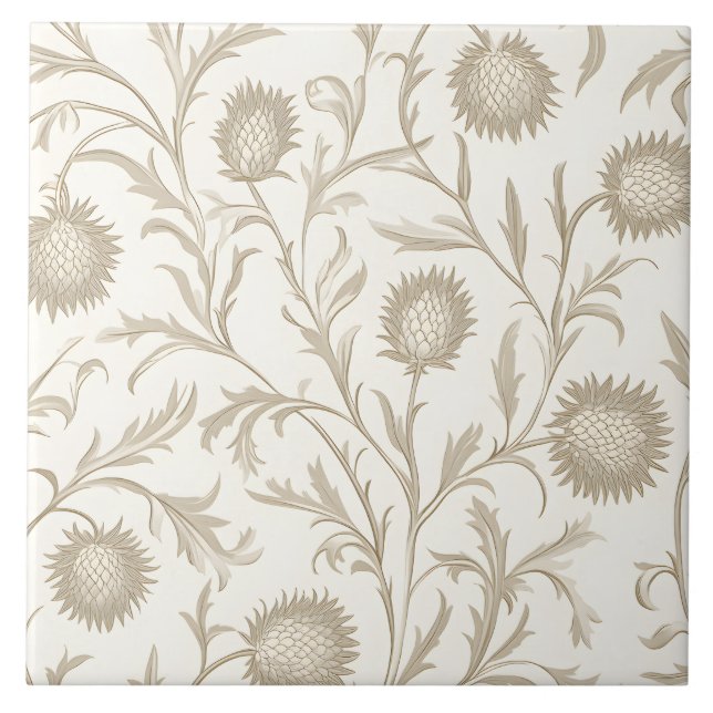 Neutral Thistle Floral Flower Pattern Tile (Front)