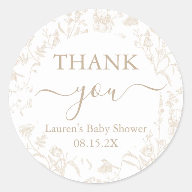 Neutral Toile Bear Baby Shower Classic Round Sticker (Front)