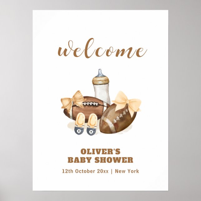 Neutral Touchdown Football Baby Shower Welcome Poster (Front)