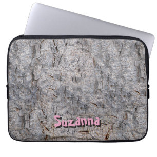 Neutral Tropical Tree Bark Photo with Custom Name Laptop Sleeve