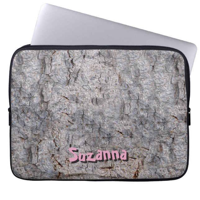 Neutral Tropical Tree Bark Photo with Custom Name Laptop Sleeve (Front)