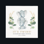 Neutral Twins Elephant Greenery Gold Baby Shower Napkin<br><div class="desc">This simple yet elegant baby shower party napkin features illustration of two adorable elephant babies and modern watercolor greenery in soft green & gold. Use the template fields to add your details. If you want to change the font style, color or text placement, simply click the "Customize Further" button.</div>