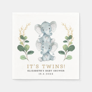 Neutral Twins Elephant Greenery Gold Baby Shower Napkin