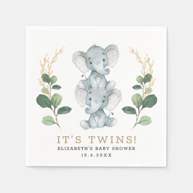 Neutral Twins Elephant Greenery Gold Baby Shower Napkin (Front)