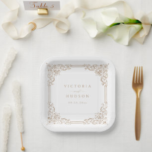 Neutral Vintage Frame Elegant Names Wedding  Paper Plate