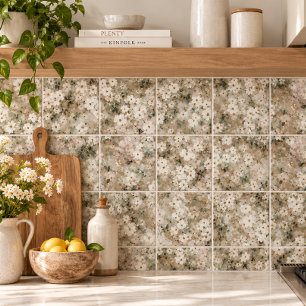 Neutral Vintage White Wildflower Floral Tile