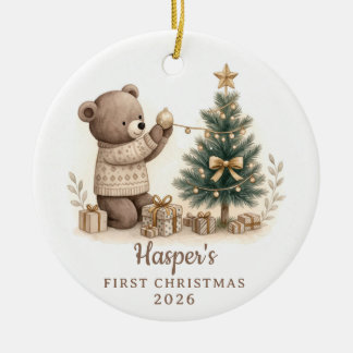 Neutral Watercolor Bear Baby First Christmas Ceramic Ornament