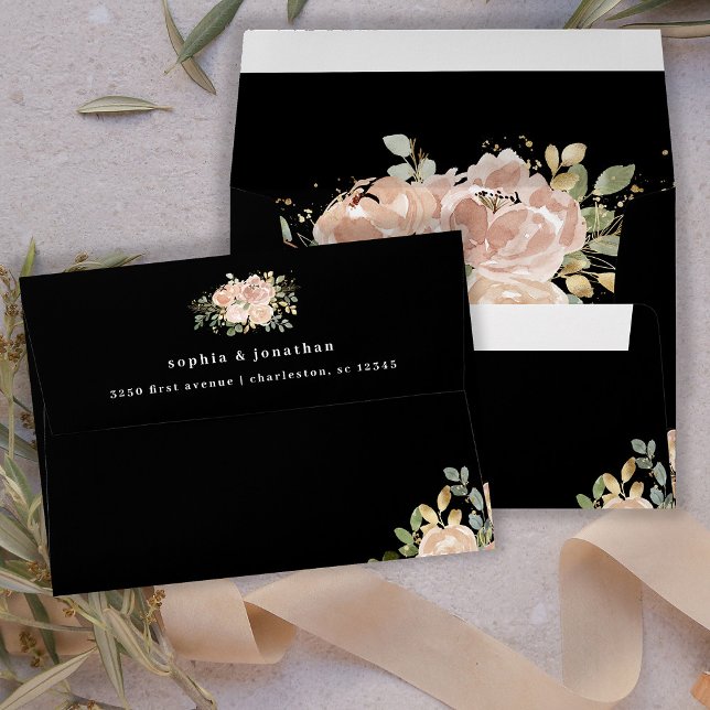 Neutral Watercolor Floral and Gold | Black Wedding Envelope (Creator Uploaded)