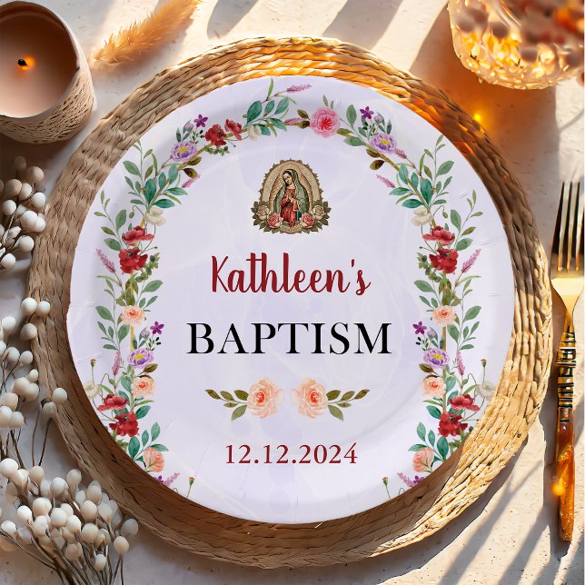Neutral Watercolor Floral Baptism Paper Plate (Creator Uploaded)