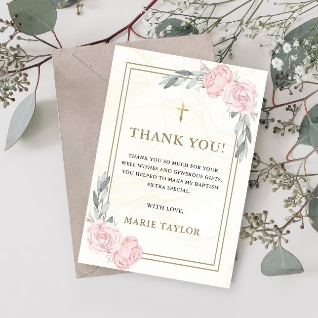 Neutral Watercolor Floral Baptism Thank You Card (Creator Uploaded)