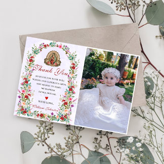 Neutral Watercolor Floral Baptism Thank You Card 