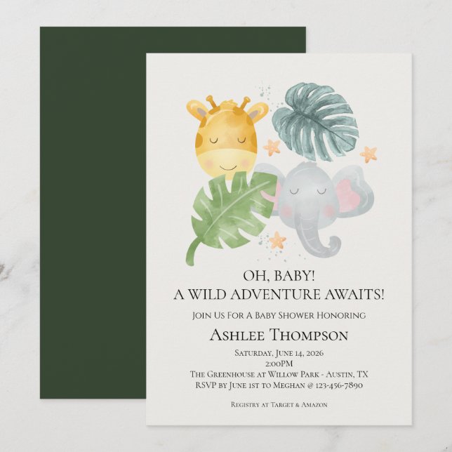 Neutral Watercolor Jungle Animals Baby Shower Invitation (Front/Back)