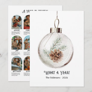Neutral Watercolor Pinecone Year in Review Holiday Card