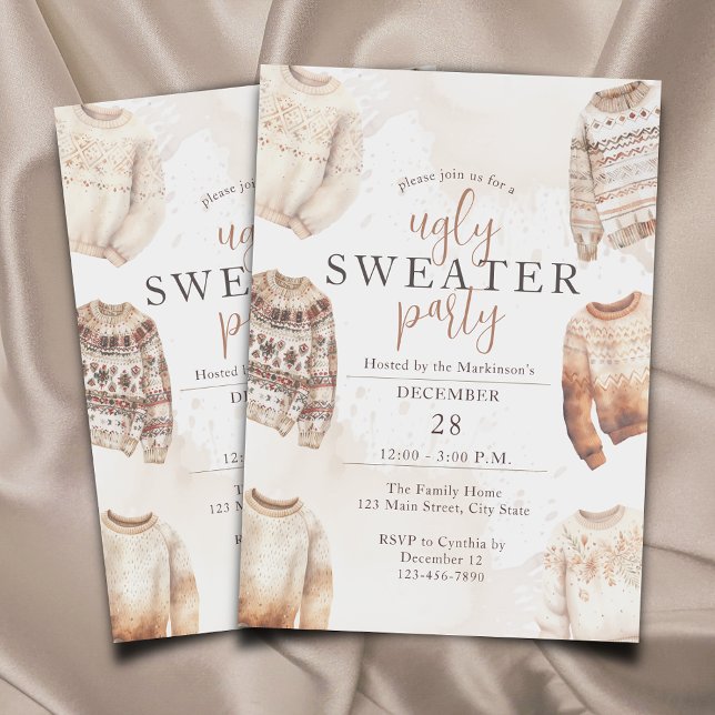 Neutral Watercolor Ugly Sweater Party Invitation (Creator Uploaded)