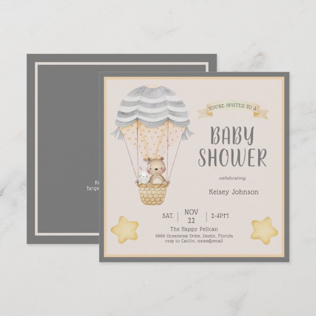 Neutral Watercolor Woodland Animals Baby Shower Invitation (Front/Back)