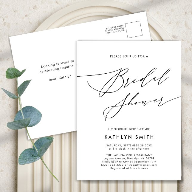 Neutral White Elegant Script Modern Bridal Shower Invitation Postcard (Creator Uploaded)