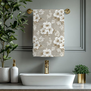 Neutral white floral taupe beige chic bathroom dec bath towel set