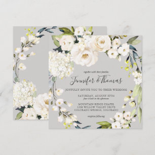 Neutral White Floral Wreath on Taupe Wedding Invitation