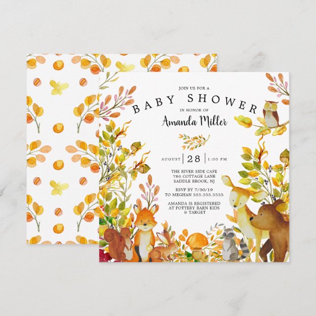 Neutral Woodland Forest Animals Baby Shower Invitation (Front/Back)