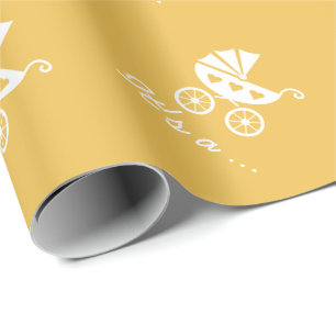 Neutral yellow wrapping paper with baby buggy pram