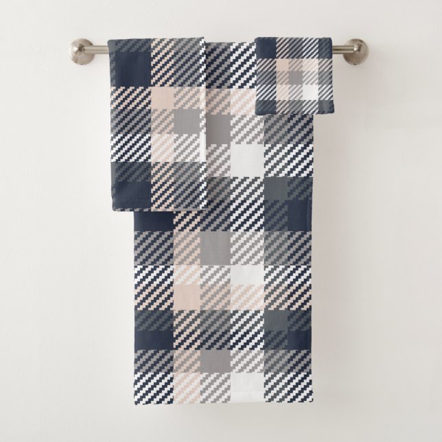 Neutrals | Grey & Taupe Modern Style Plaid Bath Towel Set (Insitu)