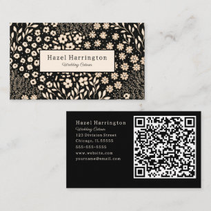 Neutre Floral QR Code Carte de visite Noir Beige