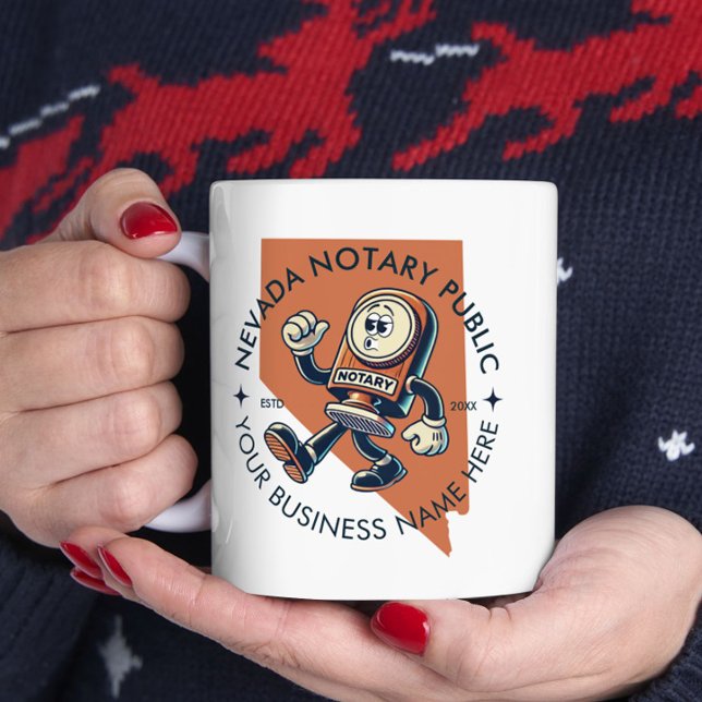 Nevada Notary Public Marketing with QR Code Fun Coffee Mug (Person holding a Nevada Notary Public mug featuring a playful notary stamp character)