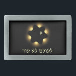 Never Again Fractal Star Of David Belt Buckle<br><div class="desc">For Yom HaShoah,  Holocaust Remembrance Day. A black and yellow fractal image recalling the yellow "Star of David" which the Nazis required Jews to wear during the Holocaust. Hebrew text reading,  "Le Olam Lo Od" (Never Again) also appears. Never forget; never let it happen again.</div>