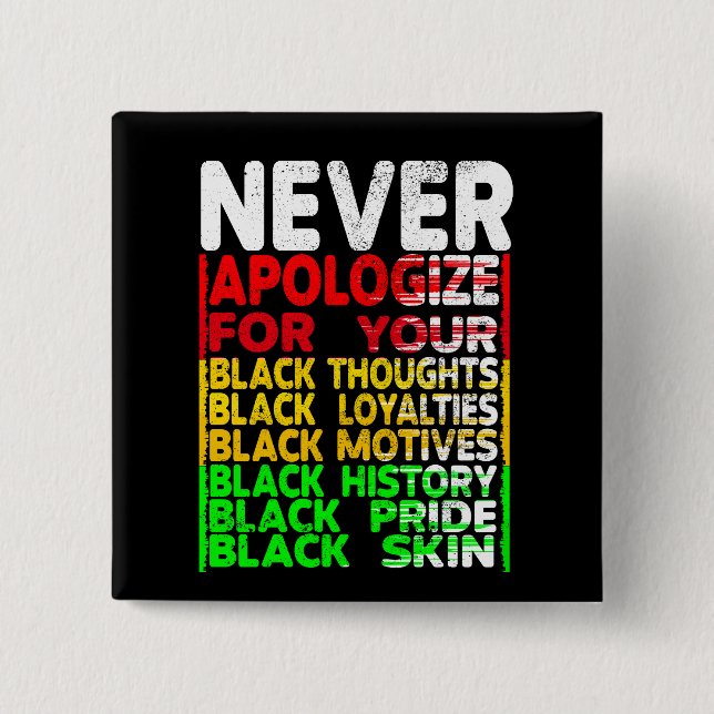 Never Apologize for your Blackness 2 Inch Square Button (Front)