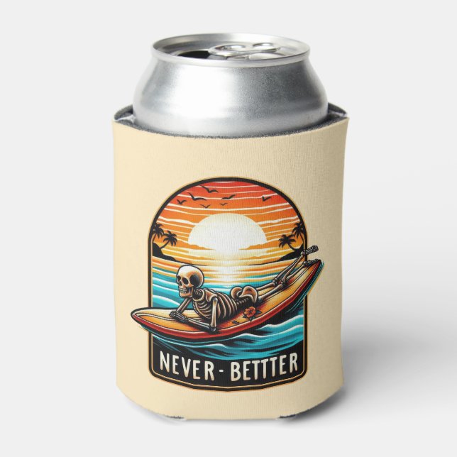 Never Better - Skeleton Surfing Sunset Wave Can Cooler (Can Front)